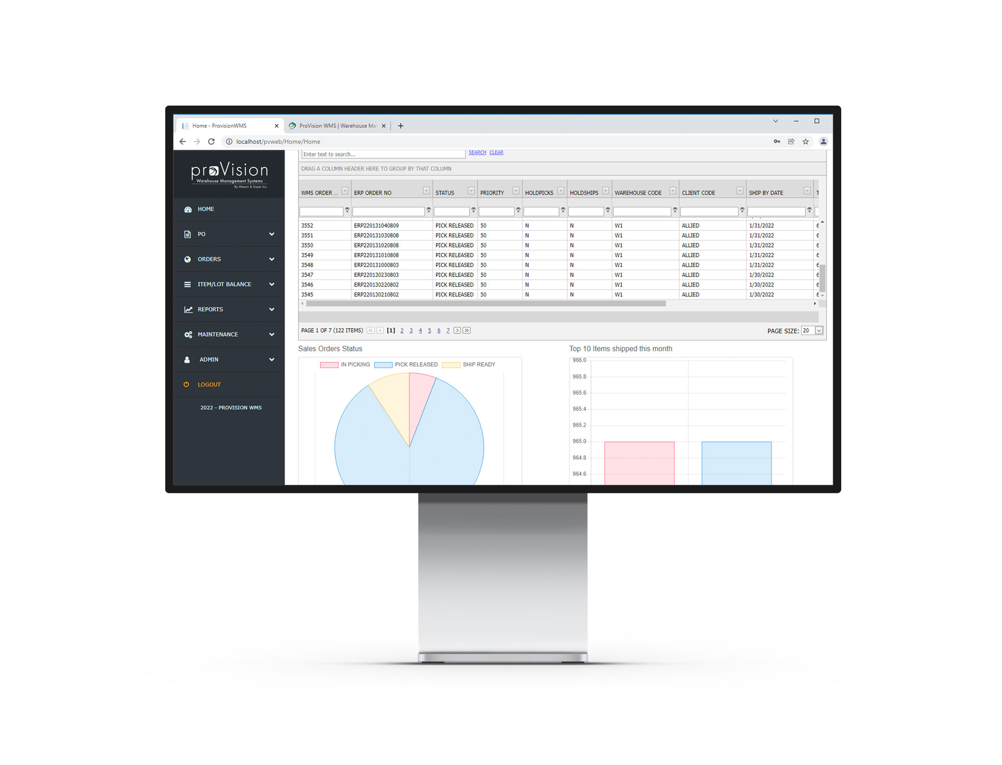 PC monitor screen with Provision WMS pro