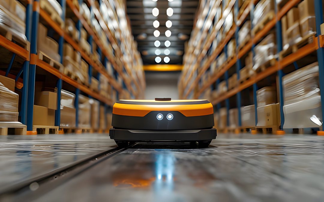 A closed up robot truck with yellow body waits at the loading dock, ready to transport goods