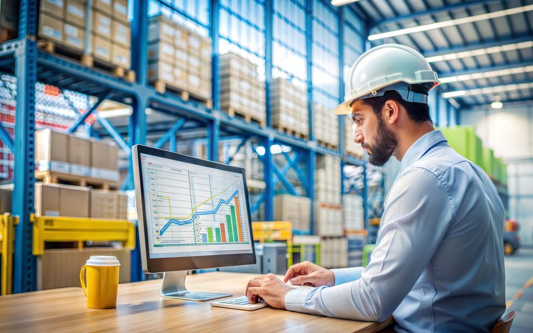 Male worker in a warehouse environment working on a computer