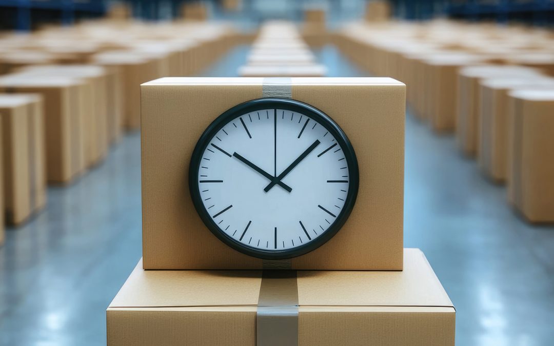 clock on top of a package in a warehouse