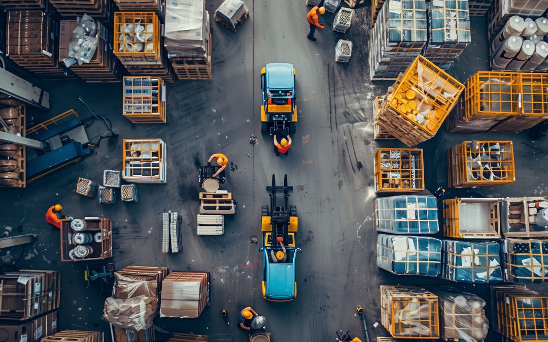 aerial shot of warehouse workers