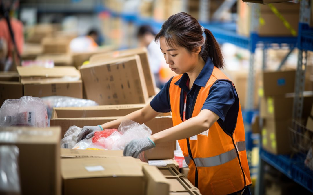 Female warehouse worker in a warehouse scanning a box